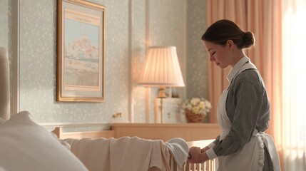 Young woman in a hotel room. she is wearing a white apron and a striped shirt, and her hair is tied up in a bun. the woman is standing in front of a bed, and she is holding a white towel in her hands.