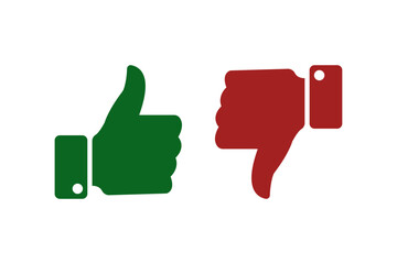 Green thumbs up and red thumbs down icons, like and dislike hand gesture symbols for positive and negative feedback rating, social media reactions and user interface buttons, flat vector isolated