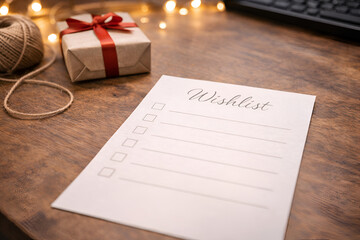 Christmas wishlist paper with gift box and warm lights on wooden table symbolizing holiday planning thoughtful gifting and cozy seasonal atmosphere
