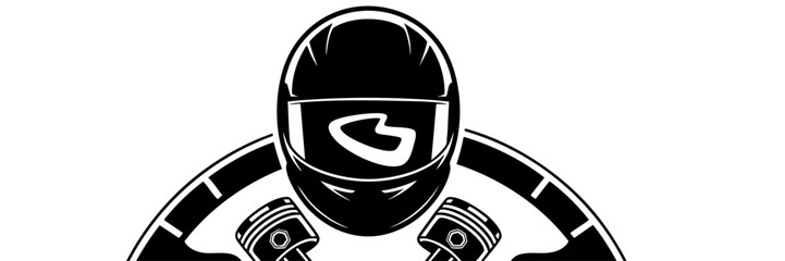 Racing driver helmet emblem with crossed pistons and steering wheel, bold black mechanic moto sport logo on transparent background