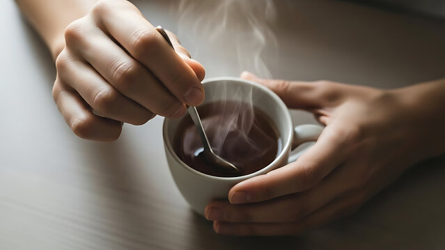 Close-up of hand stirring coffee with spoon in ceramic mug
