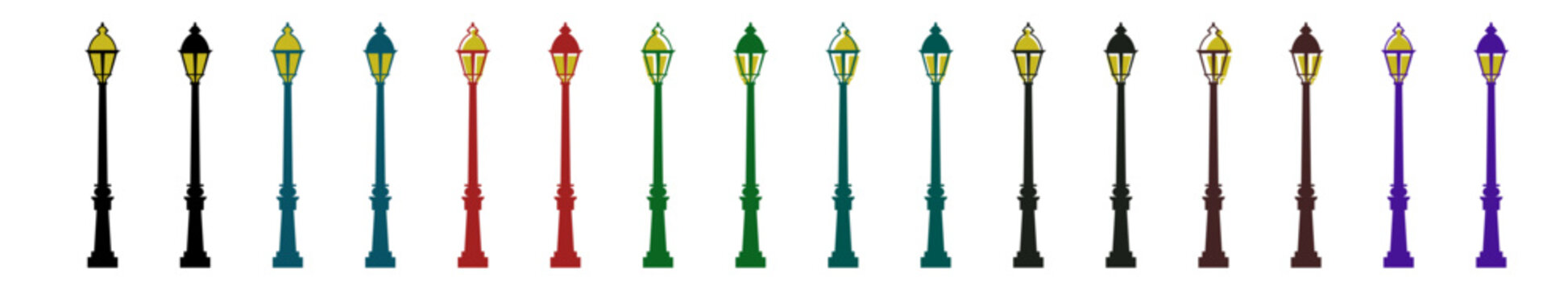 "Set of colorful vintage street lamps in different colors, with each lamp pole in a unique hue, showcasing traditional street lighting."