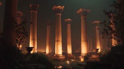 ruins of ancient columns glowing softly under warm light, representing resilience and recovery after emotional collapse, 