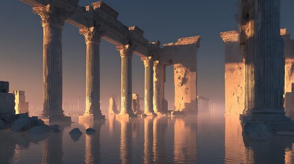 ruins of ancient columns glowing softly under warm light, representing resilience and recovery after emotional collapse, 