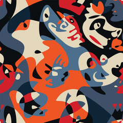 
Carnival abstract painting in endless line draws style. Graphic design poster with abstract form mask face. Modern colourful art. Cartoon seamless background Vector