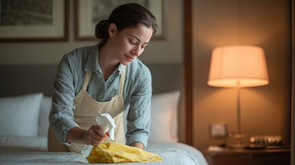 A young woman in a hotel room. she is wearing a striped shirt and a beige apron and is holding a spray bottle and a yellow cloth. she appears to be cleaning the bed with the spray bottle.
