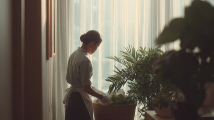 Young woman standing in front of a window with sheer curtains. she is wearing a white shirt and apron and is holding a basket with a plant in it.