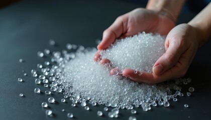 Hands hold clear recycled plastic pellets. Raw material for industry and manufacturing. Sustainable resource for reuse and recycling. Circular economy concept.