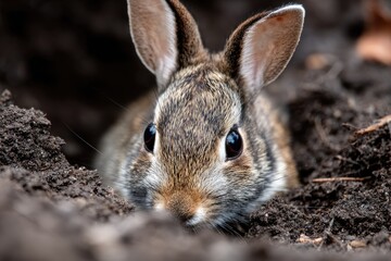 Fototapeta premium Adorable gray bunny peeking from golden straw, cute animal portrait