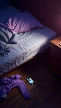 A bed with rumpled sheets a hoodie on the floor and a phone showing 3 am on screen soft lighting and film texture