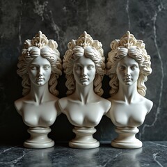 Obraz premium Three identical white marble busts of goddesses stand side by side against dark textured background. Classical antique statues represent beauty power and divine feminine energy.