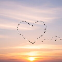 Birds in heart shape at sunset in the sky