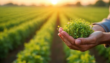 Farmer holds fresh alfalfa sprouts grown in sunlit field. Healthy green shoots ready for harvest, symbolizing sustainable agriculture and natural food.