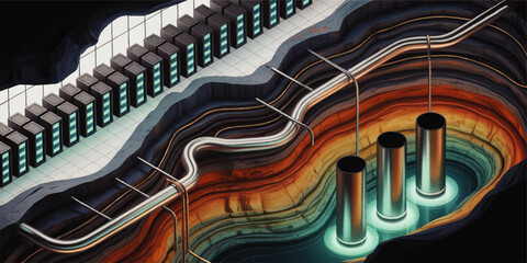 Futuristic underground data center with geothermal cooling pipes and glowing server racks in layered rock cross section illustration