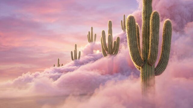 Golden sunlight shining through dreamy desert clouds with tall cacti emerging from vibrant pink and purple mist at sunrise