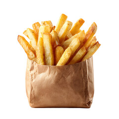 Delicious french fries in a brown paper bag isolated on transparent background