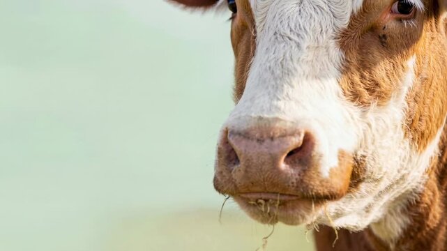 close up of brown and white cow chewing dry grass in pastoral field with soft green background and gentle natural sunlight