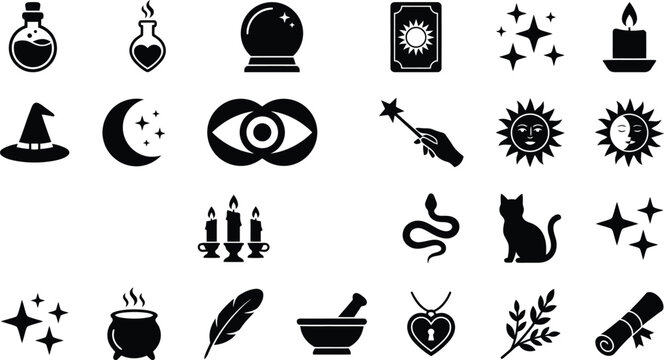 Collection of occult and esoteric symbols. Vector black silhouette icons including witch hat, astrology sign, and magic spell elements.