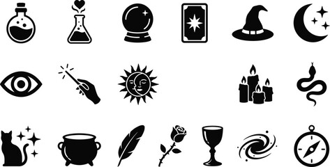 Set of mystic alchemy and astrology icons. Vector black witchcraft symbols including moon, stars, and potion for spiritual design. © ArtMint