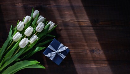Elegant White Tulips Bouquet and Gift Box on Dark Wood