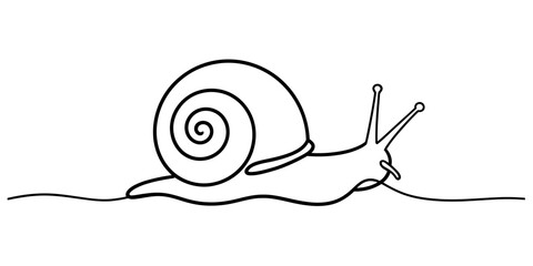 A minimalist continuous line art illustration of a snail crawling on a surface Vector, illustration © Creative_Outline2019