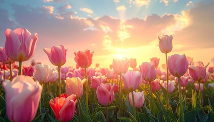 Pink And White Tulips Field At Sunset