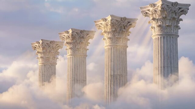 Majestic ancient columns rising above soft clouds with warm sun rays illuminating detailed classical capitals in serene pastel sky