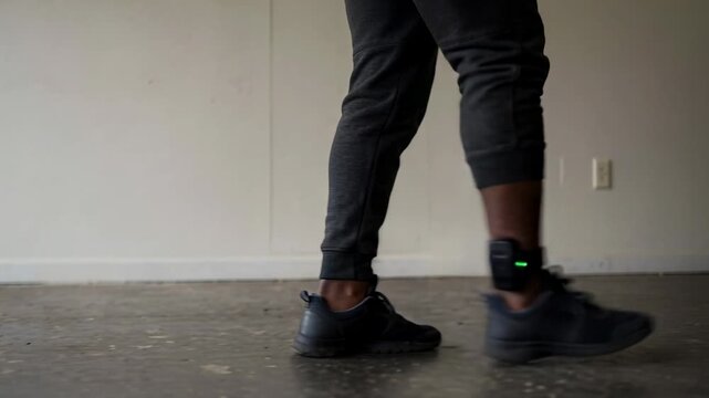Close up of person walking indoors wearing an electronic ankle monitor and athletic shoes on a concrete floor