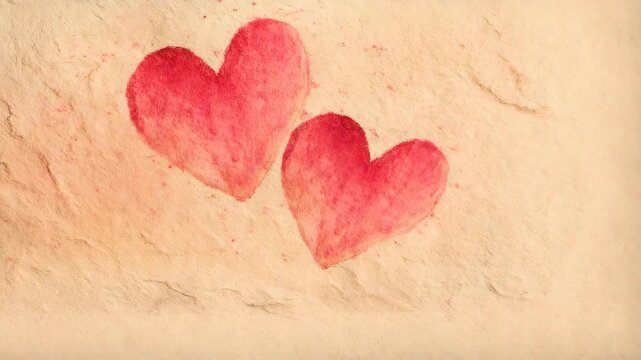 Artistic illustration of two vibrant red hearts hand-painted on a rustic textured background perfect for romantic themes or Valentines Day designs