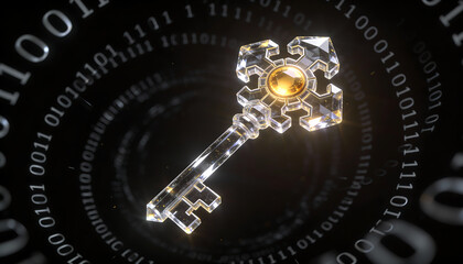 3d render of an ornate glass key with a golden core floating in a dark digital tunnel of glowing white binary code representing cybersecurity encryption and secret access authorization