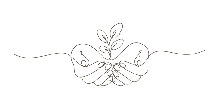 Continuous line drawing of cupped hands holding a small plant sprout, symbolizing nature care Vector, illustration