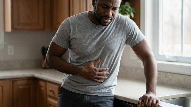 Stressed man in casual home kitchen holding stomach in pain, suffering abdominal discomfort and possible digestive cramps near window light