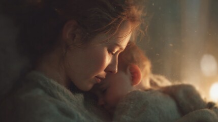 Close-up of a mother and her baby sleeping together. the mother is lying on her side with her head resting on the baby's chest.