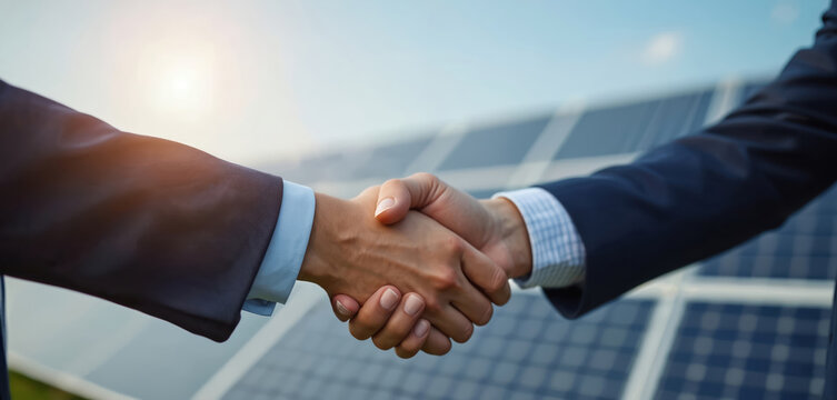 Two businessmen shake hands in front of solar panels under a sunny sky. They are confirming a deal for renewable energy. Agreement over green power project. - Powered by Adobe