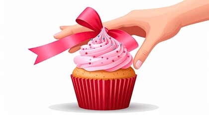 Pink Cupcake with Pink Bow Being Decorated