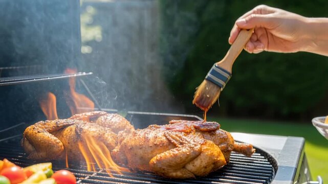 Hand basting whole seasoned chicken on outdoor grill with open flames during backyard summer barbecue cooking