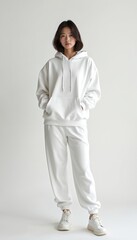 Fototapeta premium Young Asian woman stands wearing simple white hoodie and jogger pants. She poses in studio showing minimalist casual outfit and comfy sport style.