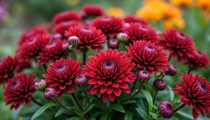 Bush of deep red chrysanthemums with many buds ready to open. Lush green foliage surrounds the blooms. Detailed flower heads are in focus, set against a soft bokeh background.