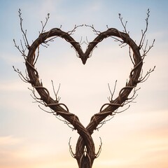 Heartshaped branch wreath against a serene sky backdrop