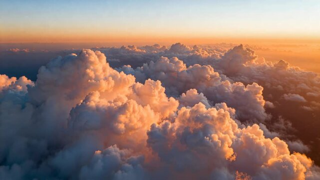 golden sunset light illuminating dramatic billowing clouds above the horizon with vibrant sky colors and serene atmospheric scenery