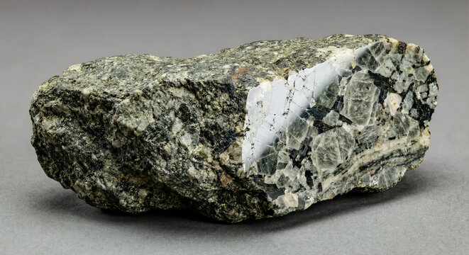 A collectible geological specimen of Nepheline syenite with large alkali feldspar crystals minerals on a cut polished face