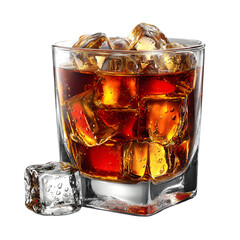 Glass of whiskey with ice cubes on white background isolated on transparent background