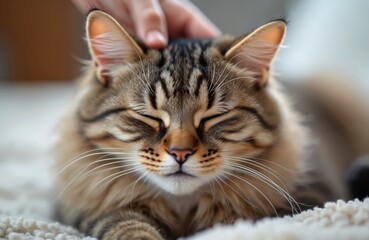 Obraz premium Hand gently strokes relaxed cat with closed eyes on soft blanket. Furry mammal enjoys pet, showing affection and calm at home. Pure contentment and domestic bliss.