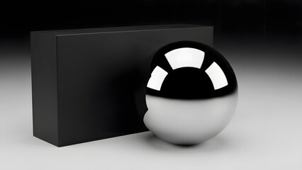 Modern black and white 3D sphere with reflective surface next to cube