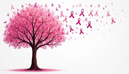 Obraz premium Pink ribbon tree symbolizes breast cancer awareness and hope. Pink ribbons float from branches and in the air. Artwork represents strength, survival, and support for a cure.
