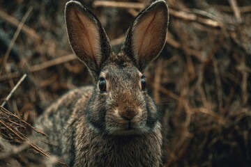 Fototapeta premium Close-up portrait of a wild brown rabbit in its natural habitat