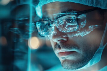 Scientist examines glowing digital data interface in a lab setting at night
