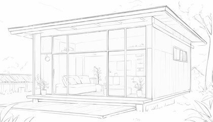 Sketch of modern house exterior with large windows and minimalistic design