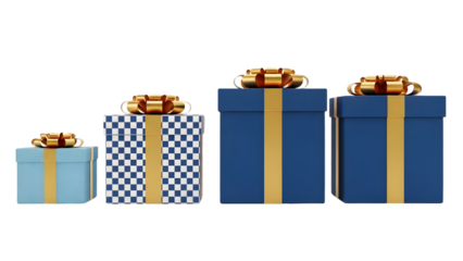 Four gift boxes isolated on transparent background with gold ribbons and bows on top