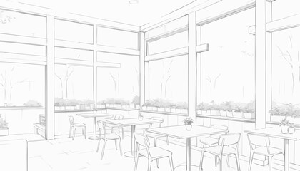 Sketch of a cozy caf&eacute; interior with large windows, modern design concept